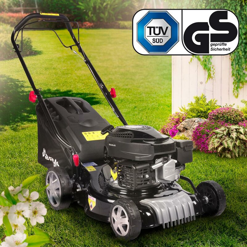 

Brast - Cortacésped de gasolina 144cc-4,1CV-41cm-bolsa 40l-autopropulsado-4 tiempos, 7 niveles altura de corte + sistema de limpieza Easy Clean
