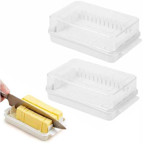 Cortador de mantequilla de 2 piezas con tapa, 16,5 x 9,5 cm, capacidad para 250 g de mantequilla, tapa transparente, apto para refrigerador, apto para lavavajillas, cortador de queso, material PP, bla