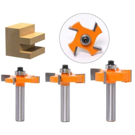 Cortador de ranuras y lengüetas de 3 piezas – 4 hojas – Vástago de 8 mm – Herramienta para trabajar la madera – Puertas, mesas, estantes