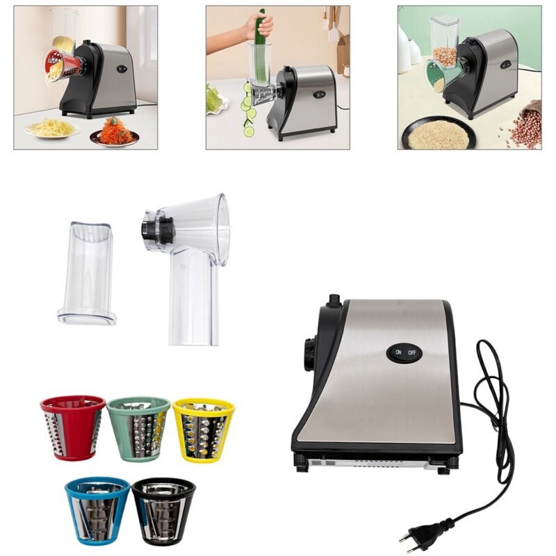 Cortador eléctrico de verduras, cortador de verduras de tambor, 1000 W, 5 cuchillas cónicas, estructura de acero inoxidable, acabado plateado y negro.