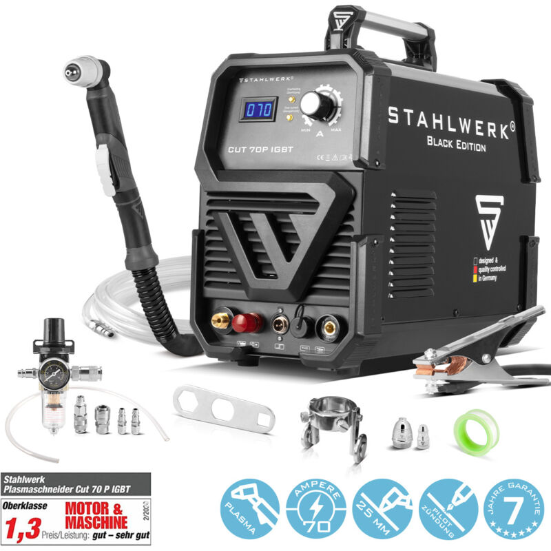 

Cortador de plasma CUT 70 P IGBT con 70 Amperio, encendido piloto, rendimiento de corte hasta 25 mm, 7 años de garantía*. - Stahlwerk
