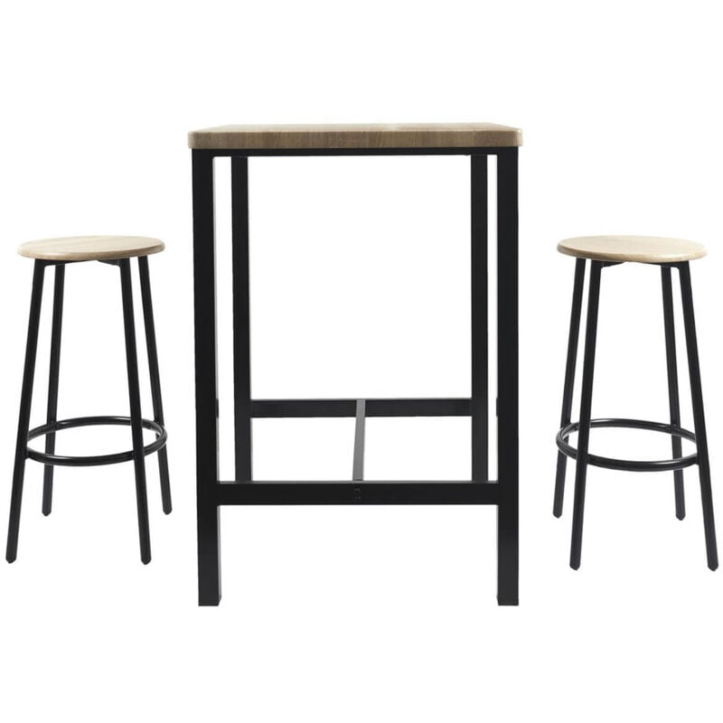 Cortez - Ensemble Table Haute et 2 Tabourets en mdf et Pieds Métal Noir