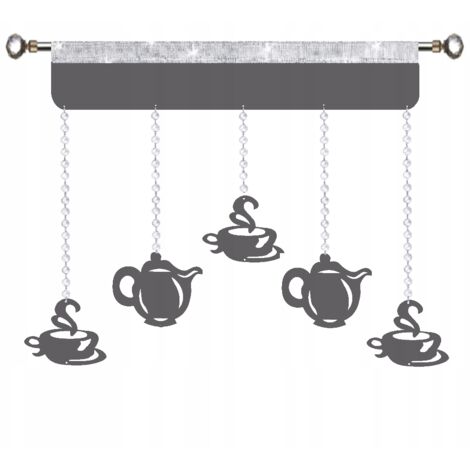 Cortina de cocina calada, guirnalda, cafeteras, tazas, 90 cm, gris