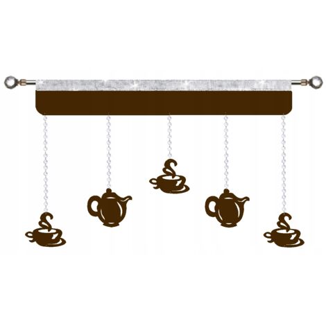 Cortina de cocina calada, guirnalda, elegantes tazas de café, jarras, 150 cm, marrón