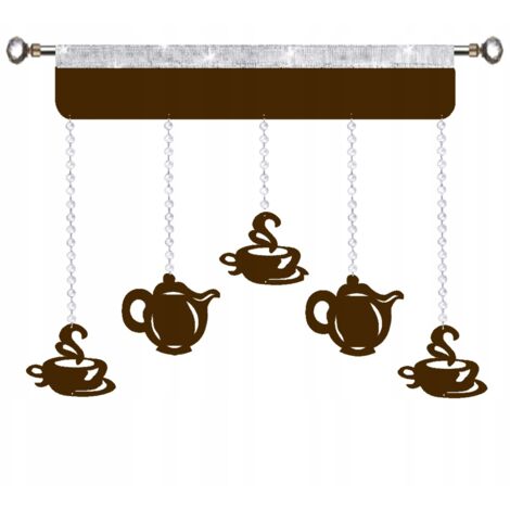 Cortina de cocina con diseño calado, guirnalda, estilo glamuroso, tazas de café, jarras, 90 cm, marrón.
