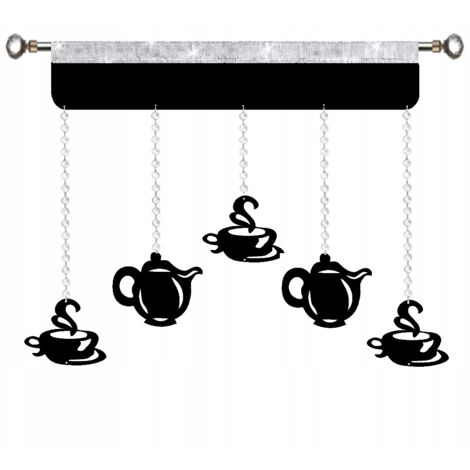 Cortina de cocina, mosquitera, guirnalda, jarras, tazas, café, 90 unidades negras
