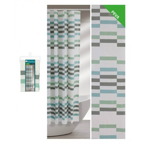 Cortina De Ducha 180 X 200 Con Rectángulos Fantasía Verde Gris Y Azul