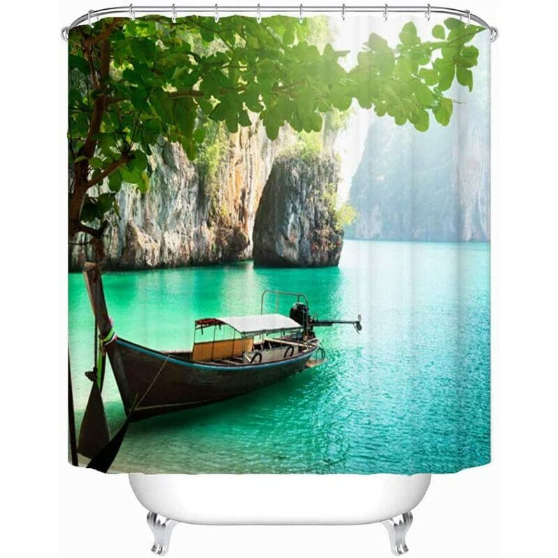 

Cortina de ducha 3D cortina de baño impermeable con ganchillo 100% poliéster barco y verde 180x180cm, estilo A
