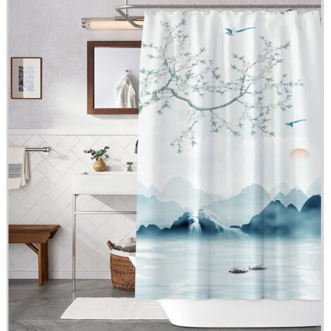 Cortina de ducha antimoho - antibacteriana, lavable, anillas integradas, Poliéster, 180 x 200 cm, Blanco