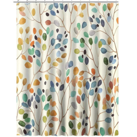 Cortina de ducha antimoho de 180x200 cm, color beige, lavable a máquina, con estampado botánico colorido y perforaciones, de tela, ideal para el baño, incluye 12 ganchos.