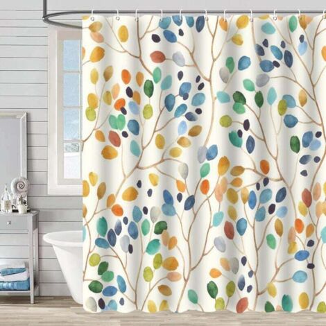 Cortina de ducha beige, resistente al moho, lavable a máquina, colorida, con estampado botánico, perforada, de tela, para baño (150 x 180 cm)