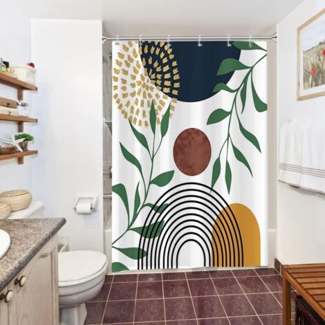 Cortina de ducha con estampado de hojas verdes (120 x 180 cm), diseño geométrico bohemio, impermeable, resistente al moho, de poliéster, lavable, con ganchos.
