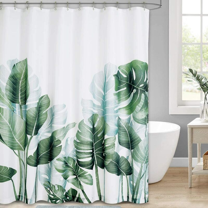 

Cortina de ducha con ganchos, hojas de plátano, estampado de planta verde palmera tropical, tejido impermeable y resistente al moho para baños, 100%