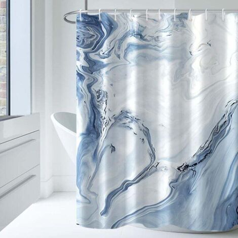Cortina de ducha de 180 x 180 cm con 12 ganchos, tela de mármol azul claro para baño