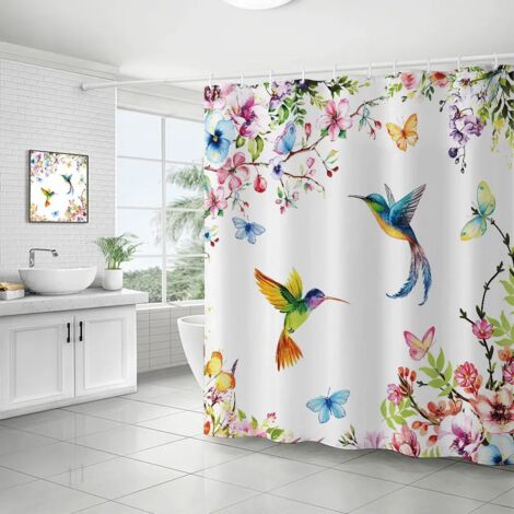 Cortina de ducha de 180 x 180 cm con estampado floral de acuarela y colibrí para baño - Cortina de ducha de poliéster con ganchos - Rosa