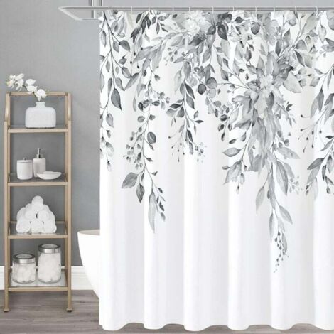 Cortina de ducha de eucalipto gris con acuarela, hojas y flores, 180 x 180 cm