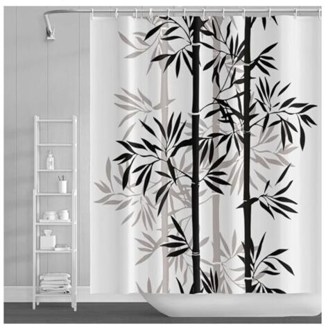 Cortina de ducha de hojas de bambú de 150 x 180 cm, diseño abstracto de plantas de bambú en blanco y negro, con pintura de tinta para baño infantil, de poliéster con ganchos.