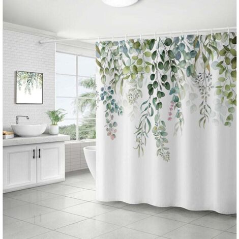 Cortina de ducha de hojas verdes, cortina de ducha de eucalipto, cortina de baño antimoho, impermeable, lavable, tela de poliéster opaca, cortinas de ducha con ganchos para bañera, 180 x 180 cm