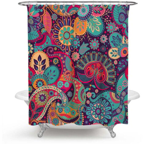 Cortina de ducha de mandala con decoración étnica, diseño geométrico retro redondo, estampado floral, juego de baño con ganchos, 150 x 180 cm