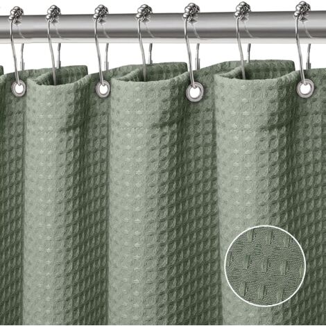 Cortina de ducha de poliéster con diseño de gofres, lavable a máquina, con 12 ganchos, impermeable, 183 x 183 cm (verde)