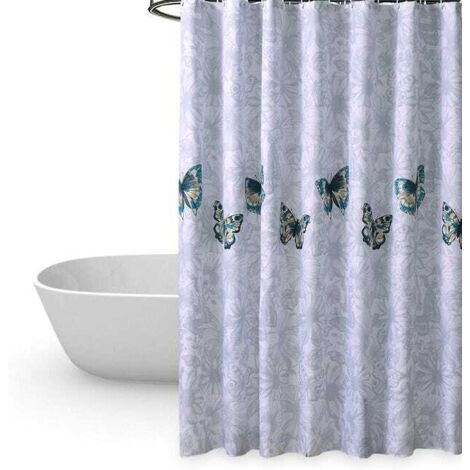 Cortina de ducha de poliéster impermeable, resistente al moho, antibacteriana e inodora, con 12 ganchos para colgar y estampado de mariposas. Dimensiones: 150 cm de ancho x 180 cm de alto.