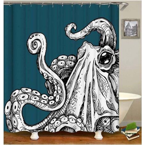 Cortina de ducha de tela antimoho, cortina de baño con diseño de pulpo y monstruo, 150 x 180 cm