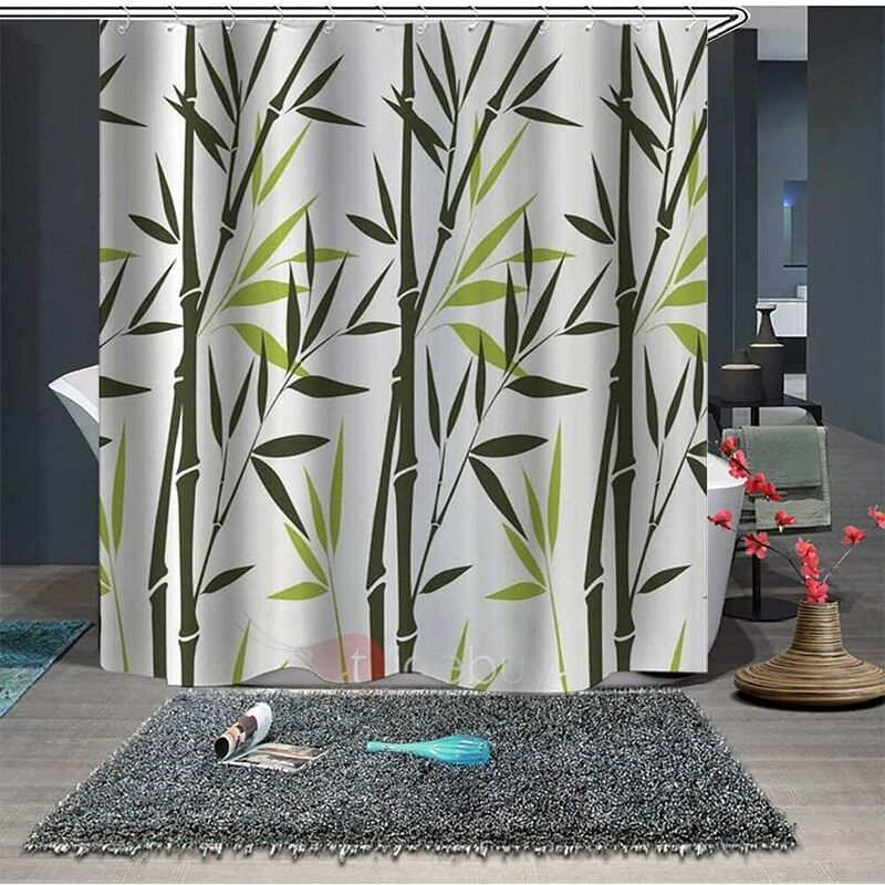 

Cortina de ducha de tela de bambú, cortinas de ducha a prueba de moho 180x180, cortina de baño verde natural, lavable a máquina, 12 ganchos incluidos