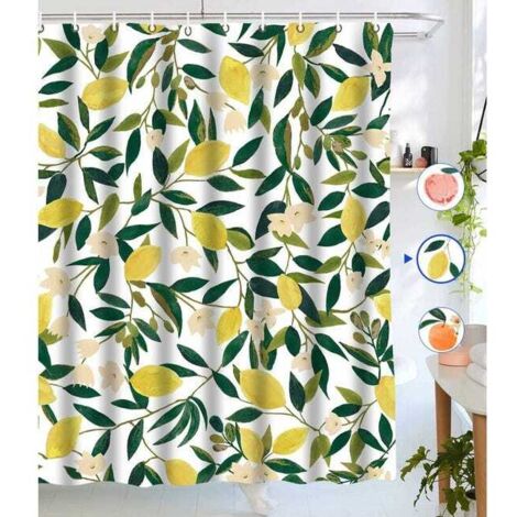 Cortina de ducha de tela impermeable con estampado de limones, 180x180 cm con 12 ganchos.