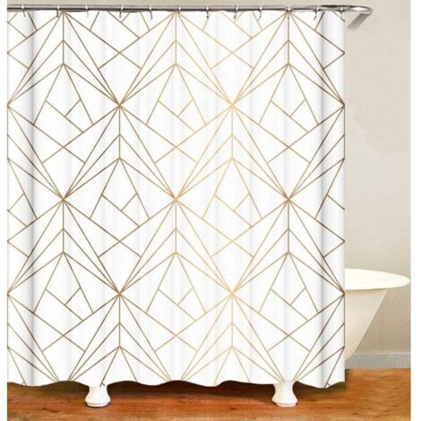 Cortina de ducha DISEÑO Línea Dorada Triángulos Amarillos Cortina Textil para Baño Efecto Lavable Antimoho Cortina de Ducha 12 Anillas C Ligera