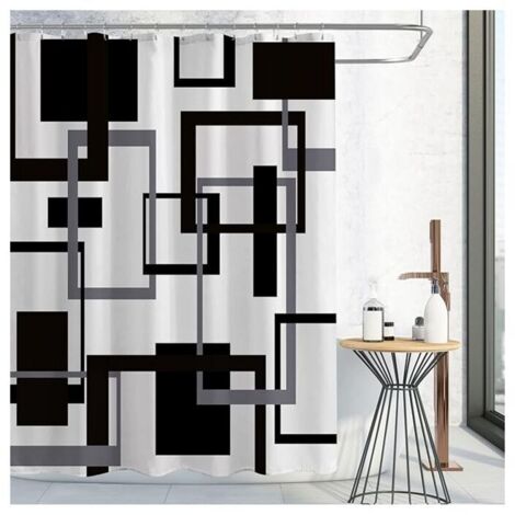 Cortina de ducha en blanco y negro, juego de cortina de ducha de tela geométrica en negro y gris, cortina de ducha minimalista abstracta moderna de mediados de siglo, impermeable para deco