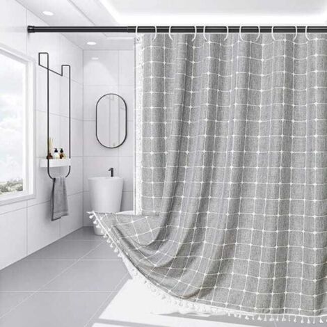 Cortina de ducha estilo bohemio con detalle de borlas, resistente, de tela rústica a rayas (gris) 180x180cm