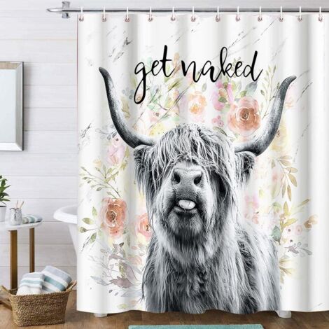 Cortina de ducha humorística "Vaca de las Tierras Altas Desnuda", estilo rústico, fabricada en poliéster impermeable con 12 ganchos (180 x 180 cm).