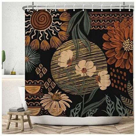 Cortina de ducha KZQ de 180 x 200 cm, estilo bohemio, retro, abstracto, con hojas florales negras, pequeña, lavable, impermeable, para bañera, con 12 ganchos.