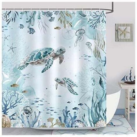 Cortina de ducha KZQ, diseño de tortuga marina y algas azules, poliéster, antimoho, impermeable, lavable, 180 x 180 cm, con 12 ganchos para bañera.