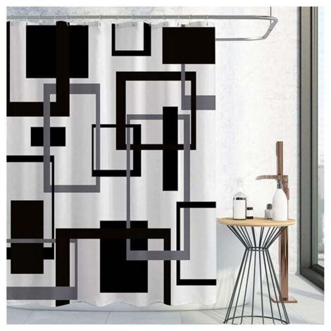 Cortina de ducha KZQ en blanco y negro, juego de cortina de ducha de tela geométrica en negro y gris, cortina de ducha minimalista abstracta moderna de mediados de siglo, impermeable para decoración d