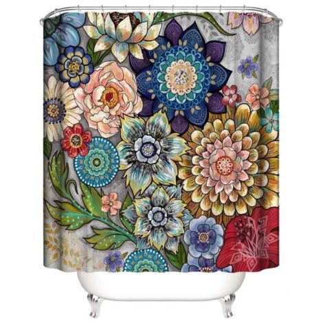 Cortina de ducha KZQ – Flores Multicolor – Arte Natural – 180 x 200 cm – Lavable – Antimoho – Impermeable – Con 12 Anillas – Rojo, Amarillo, Azul y Verde
