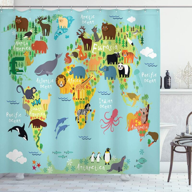 

Cortina de ducha, mapa de animales del mundo, juego de decoración de tela para baño con ganchos, 175 cm x 180 cm, verde