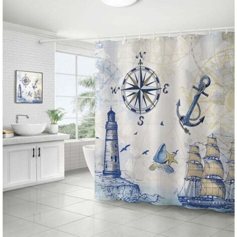 Cortina de ducha náutica, faro, velero, brújula y ancla, 180 x 180 cm, poliéster, resistente al moho, impermeable y lavable.