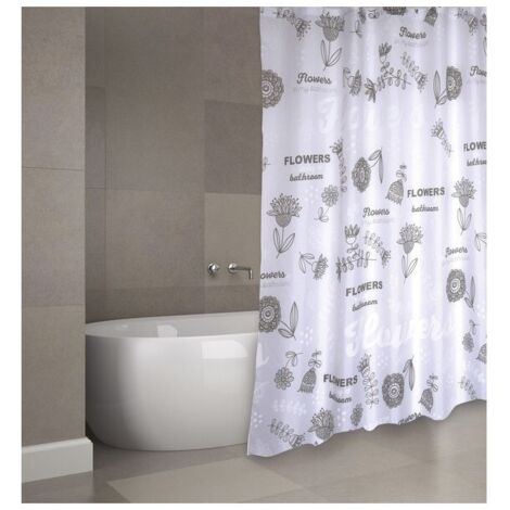 Cortina de ducha Poliéster FLORES 180x200cm CALIDAD PREMIUM Gris y Blanco - Anillas incluidas MSV