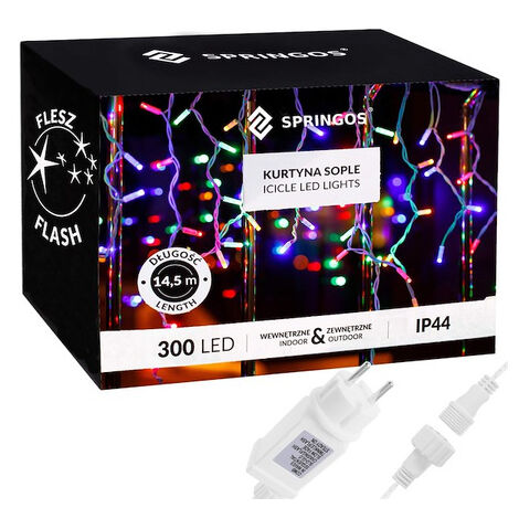 Cortina de luces LED multicolor de 300 luces, destello blanco frío guirnalda, luces interiores y exteriores en forma de copos de nieve.