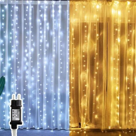 Cortina de luz LED de 3 x 3 m, para interiores, 300 LED, 8 modos, para exteriores, enchufe europeo, ideal para San Valentín, fiestas (blanco frío)