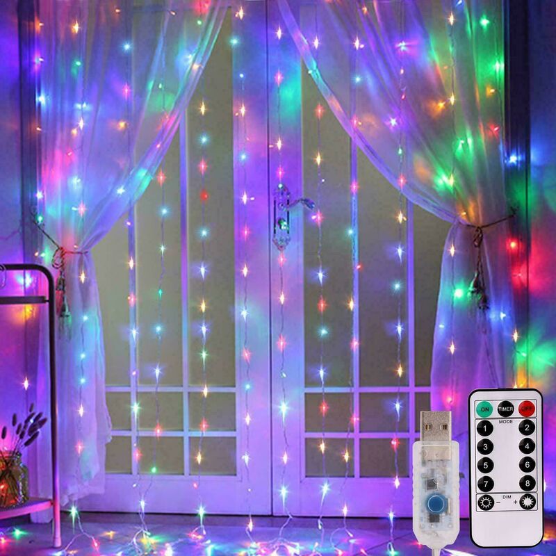 

Cortina de luz LED Control remoto USB Luces navideñas 2 metros * 3 metros 200 luces multicolores