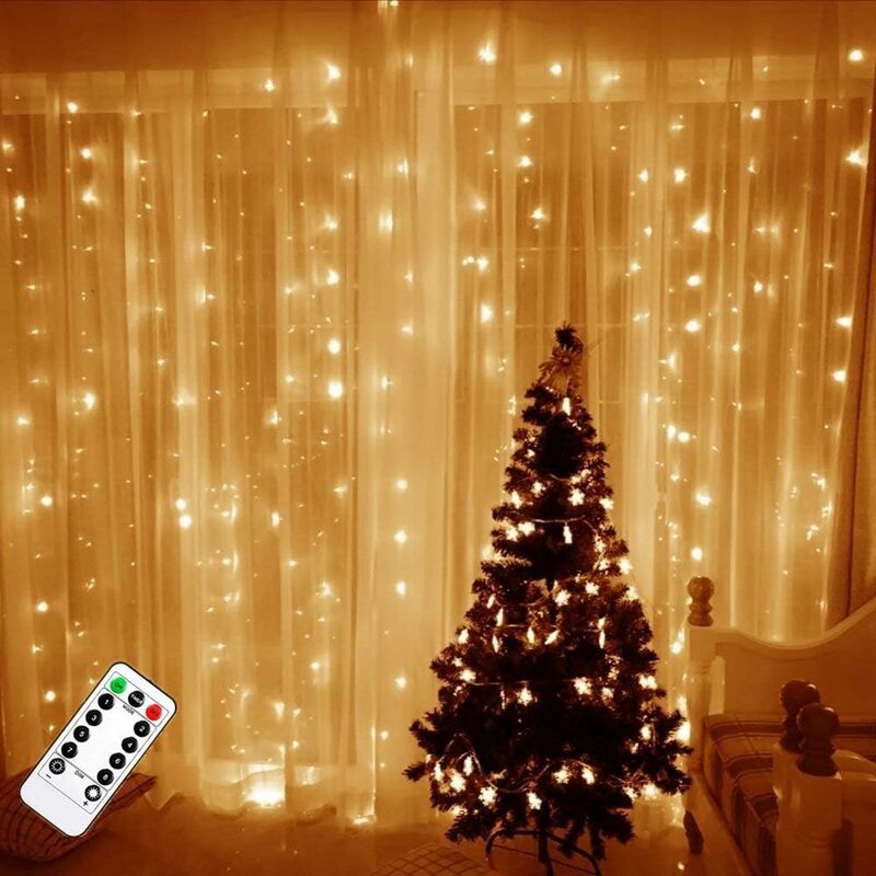 

Cortina de luz 300 luces LED de cadena de 3 m * 3 m, 8 modos de luz, decoración de ventanas, Navidad, boda, cumpleaños, hogar, patio - Litzee