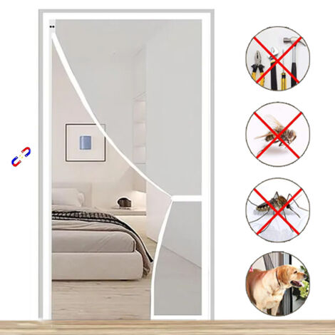 Cortina de puerta antiinsectos con imanes y tiras adhesivas, cortina de puerta magnética antimosquitos, blanca, 90 cm x 200 cm