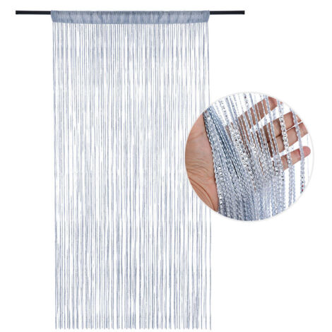 Cortina de puerta con cuentas - 200 × 91 cm. Borla larga plateada suspendida de un cordón decorativo ligeramente brillante. Apta para mosquiteras.