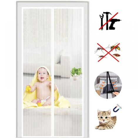 Cortina mosquitera magnética para puerta, antimoscas, cierre automático, kit de montaje con cinta adhesiva, 120 x 220 cm, color blanco