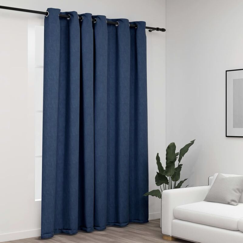 

Cortina opaca con ojales look de lino azul 290x245 cm - Azul
