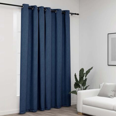 Cortina opaca con ojales look de lino azul 290x245 cm