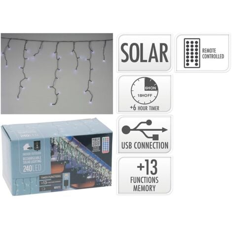 PERAGASHOP Cortina solar recargable, 240 leds, multifunción, luz fría, exterior, 8 m