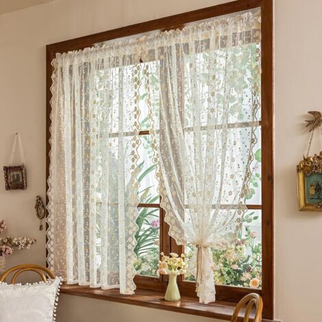 Cortinas cortas de cocina transparentes, 2 paneles con bordado de flor de ciruelo, bolsillo para barra, color beige, estilo francés, 140 x 100 cm.